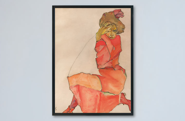 Classic museum watercolor wall decor poster of Egon Schiele Kneeling Female In Orange Red Dress 1910 at Leopold Museum Vienna featuring rich color gradations. Buy high-definition framed prints, unframed paper wall poster decor, and gallery canvas choices directly from MapYourDreams to complete your home.