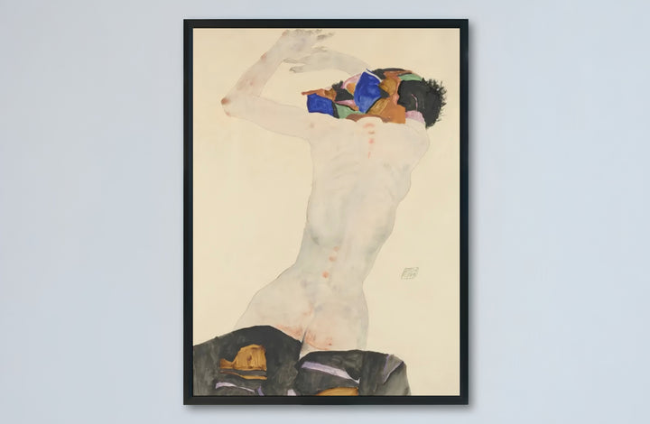 Classic museum figure wall decor poster of Egon Schiele Nude With Colorful Cloth 1911 at Leopold Museum Vienna featuring rich color contrast. Buy high-definition framed prints, unframed paper wall poster decor, and gallery canvas choices directly from MapYourDreams to complete your home.