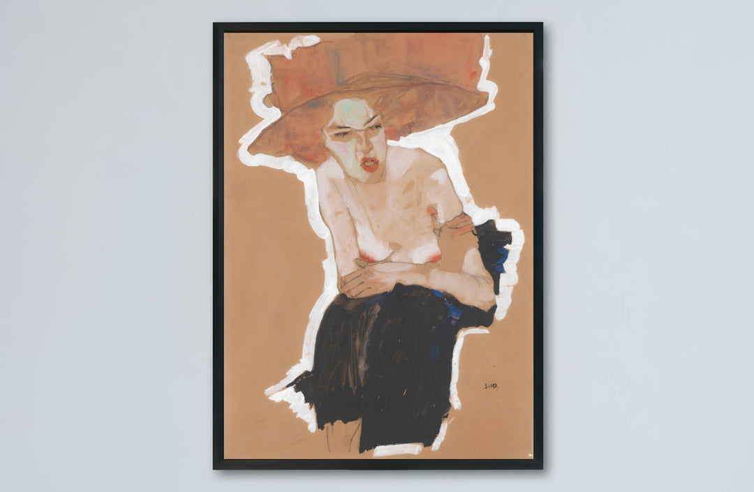 Classic museum figure wall decor poster of Egon Schiele Seated Woman With Hat 1910 from Vienna Austria featuring sculptural white outlines. Buy high-definition framed prints, unframed paper wall poster decor, and gallery canvas choices directly from MapYourDreams to complete your home.
