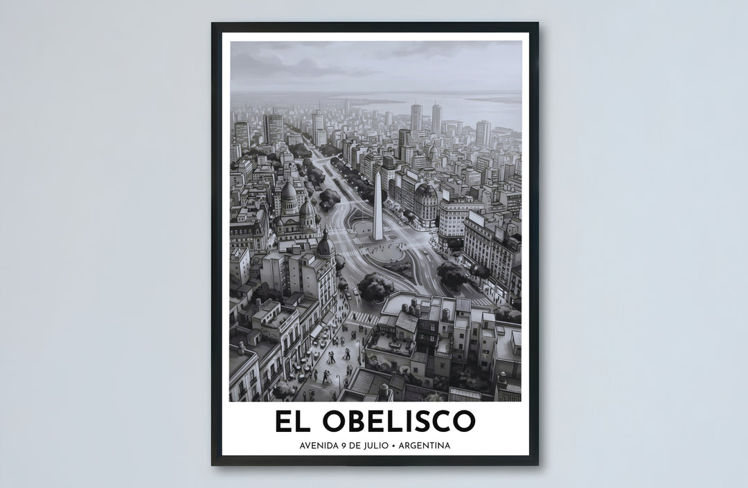 Sophisticated black and white travel artwork representing the heart of Buenos Aires, Argentina, and its famous obelisk. Designed by MapYourDreams to suit modern interiors, this piece comes in versatile choices like unframed paper, solid wood frames, and gallery canvas formats.