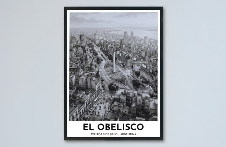 Sophisticated black and white travel artwork representing the heart of Buenos Aires, Argentina, and its famous obelisk. Designed by MapYourDreams to suit modern interiors, this piece comes in versatile choices like unframed paper, solid wood frames, and gallery canvas formats.