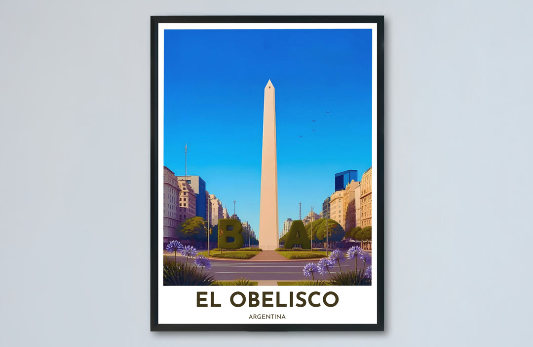 Architectural fine art print showing the soaring obelisk and surrounding European style buildings in Buenos Aires. Designed by MapYourDreams to suit modern interiors, this piece comes in versatile choices like unframed paper, solid wood frames, and gallery canvas formats.