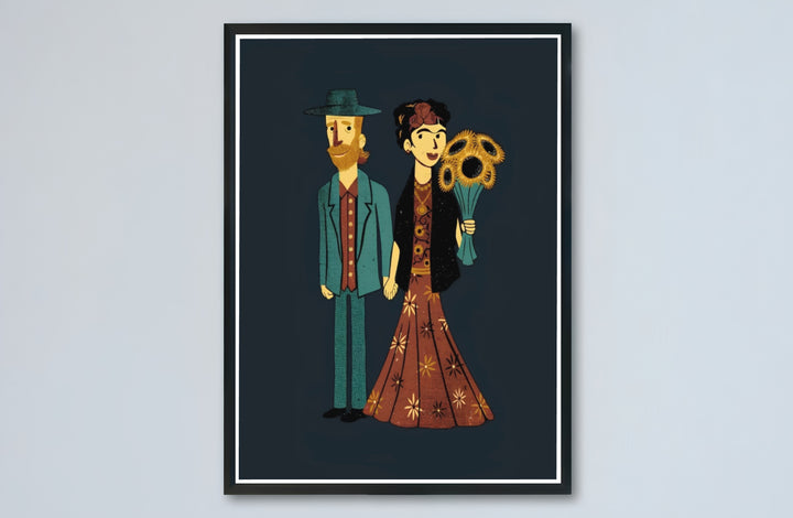 European and Mexican artistic tribute print of Frida Kahlo And Van Gogh Couple 1939 capturing artistic union in Coyoacán, Mexico City. MapYourDreams presents quality framed wall art, unframed print options, and stretched canvas choices for curated studio wall collections.