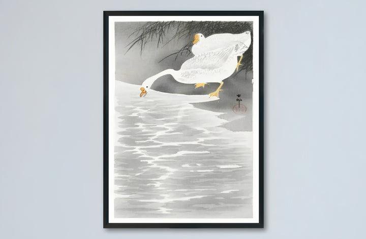 Minimalist Japandi geese canvas print showcasing Ohara Koson vintage 1900 1930 Japanese artwork by artist Ohara Koson from Kyoto collections. Buy high-definition framed, unframed, and canvas poster prints directly from MapYourDreams.