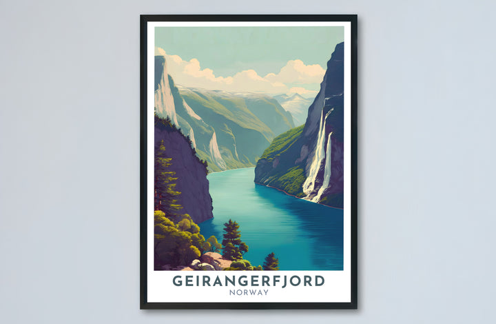 Warm vintage landscape print depicting the famous Seven Sisters Waterfall flowing into Geirangerfjord under a bright summer sky in Norway. Transform your hallway or living room with choices ranging from unframed paper prints to sturdy framed posters and gallery stretched canvas setups.