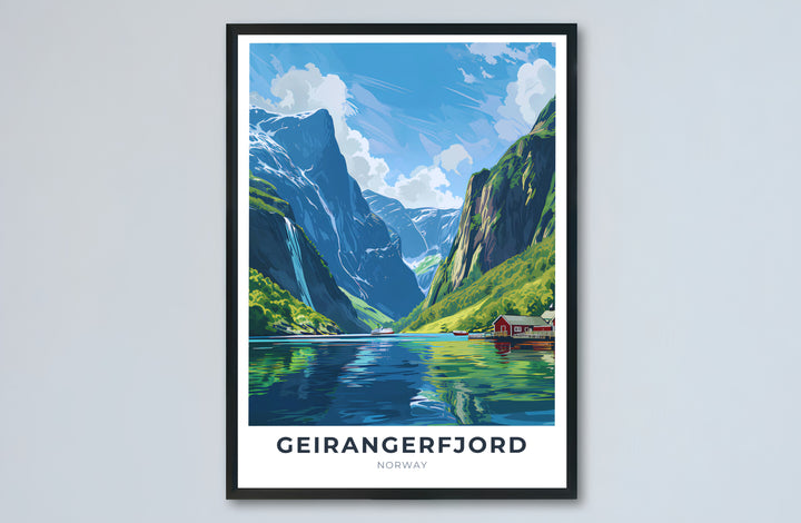 Warm vector travel poster depicting the iconic fjord cruise experience in Geirangerfjord Norway with shorefront red cabins and waterfalls. Transform your hallway or bedroom wall space with options ranging from unframed paper prints to sturdy framed posters and gallery stretched canvas setups.
