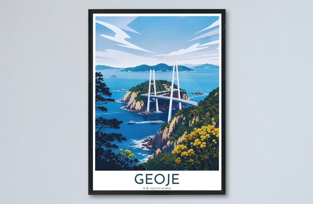 Complete coastal vector artwork of Geoje, South Korea, capturing the harmony of modern suspension bridges, deep blue sea channels, and sunlit coastal flora. Offered by MapYourDreams, this artwork is available in flexible options including unframed paper, custom wooden frames, and gallery canvas wraps.