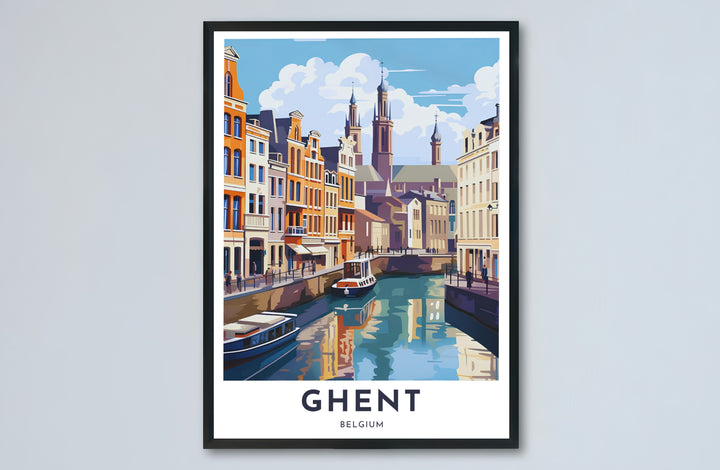 Architectural travel poster illustrating the famous Graslei and Korenlei canal area in Ghent, Belgium. Choose from versatile formats including budget-friendly unframed paper, solid wood framed finishes, and gallery canvas wall art.