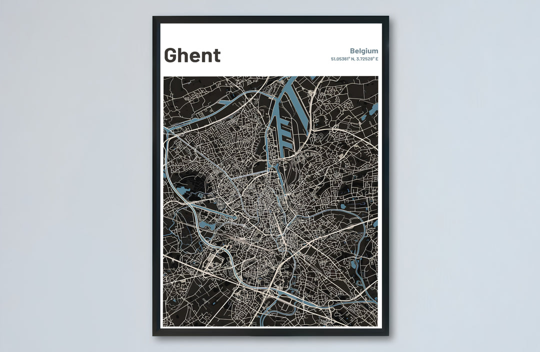 Dark background city street map wall decor displaying the full layout of Ghent, Belgium. Choose from versatile formats including budget-friendly unframed paper, solid wood framed finishes, and gallery canvas wall art.