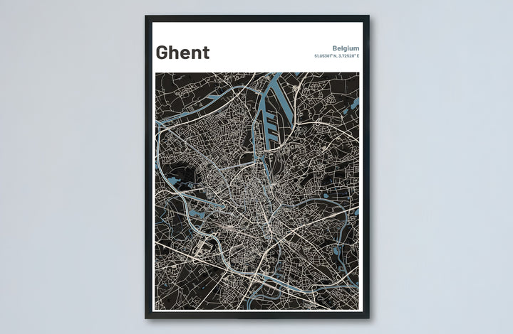 Dark background city street map wall decor displaying the full layout of Ghent, Belgium. Choose from versatile formats including budget-friendly unframed paper, solid wood framed finishes, and gallery canvas wall art.