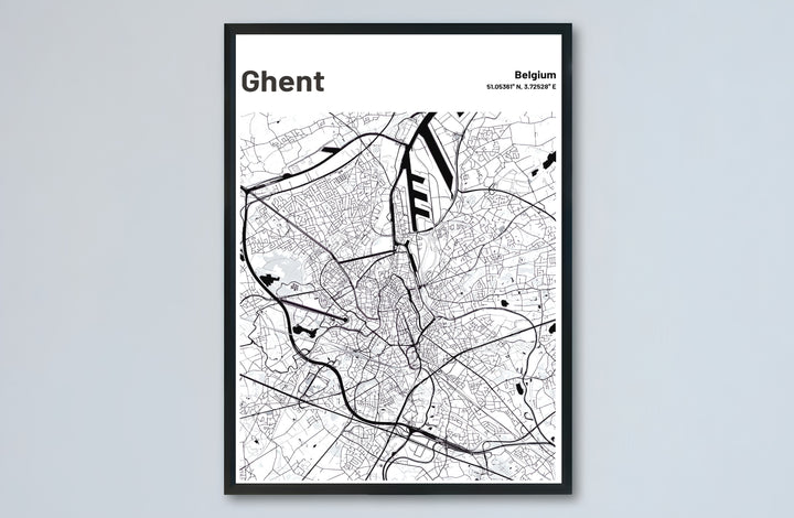 White background city street map wall decor displaying the full layout of Ghent, Belgium. Choose from versatile formats including budget-friendly unframed paper, solid wood framed finishes, and gallery canvas wall art.
