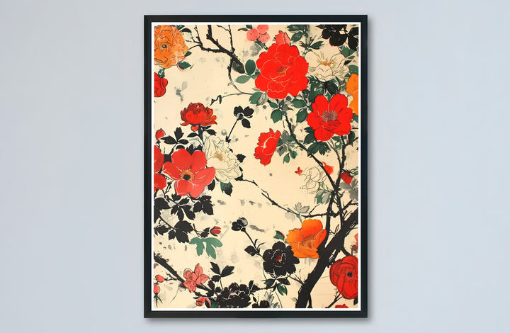 Bold Japandi red flower canvas print showcasing Hokusai vintage Japanese artwork by artist Katsushika Hokusai from Kyoto collections. Buy high-definition framed, unframed, and canvas poster prints directly from MapYourDreams.