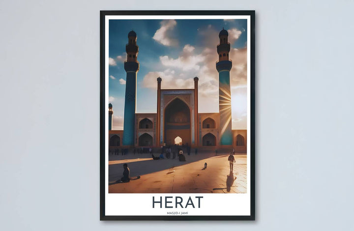 Sunset photography print of Herat Afghanistan sanctuary showcasing lapis blue minarets and grand iwan arches. Made by MapYourDreams, this artwork is available in flexible options including unframed paper, custom wooden frames, and gallery canvas wraps for living space wall art.