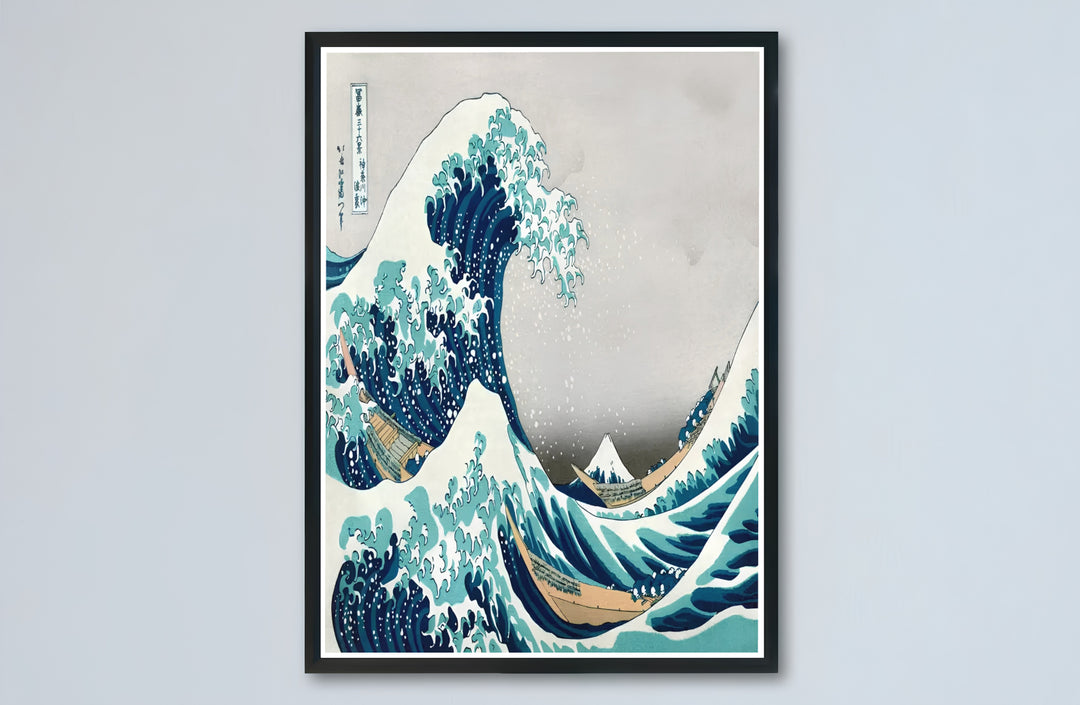 Bold Japandi ocean canvas print showcasing Hokusai Great Wave vintage Japanese artwork by artist Katsushika Hokusai off Kanagawa. Buy high-definition framed, unframed, and canvas poster prints directly from MapYourDreams.
