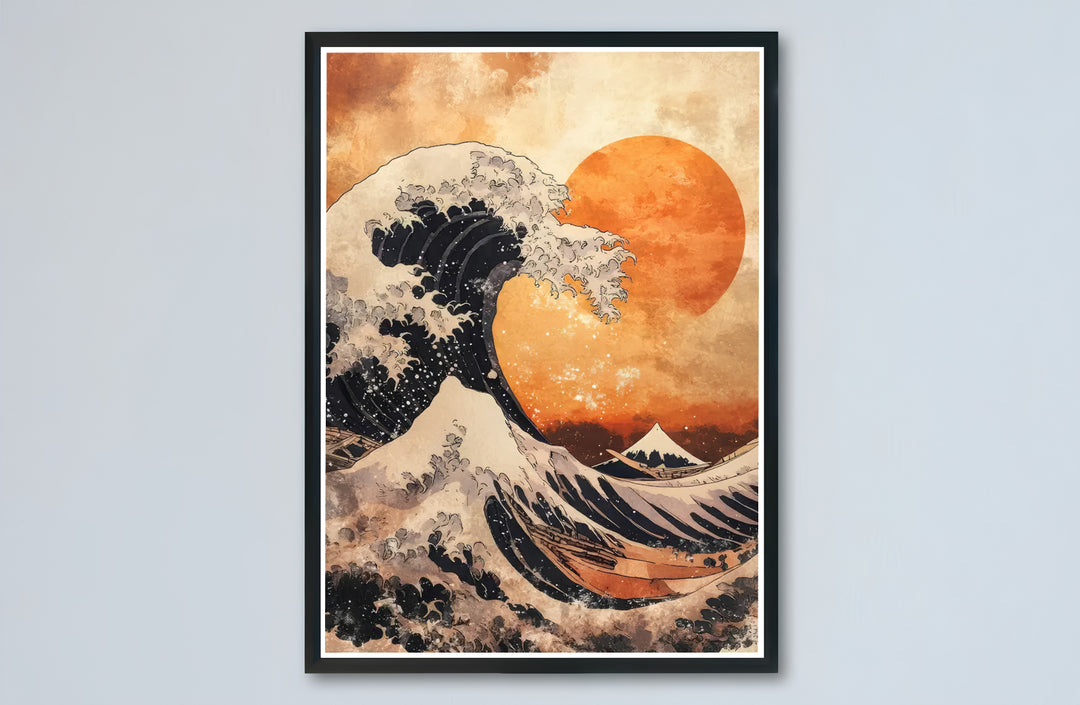 Bold Japandi warm sunset canvas print showcasing Hokusai Great Wave vintage Japanese artwork by artist Katsushika Hokusai off Kanagawa. Buy high-definition framed, unframed, and canvas poster prints directly from MapYourDreams.