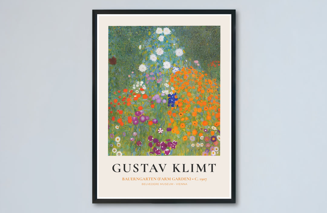 Luminous botanical art print of Gustav Klimt Bauerngarten Farm Garden 1907 produced with vibrant summer colors in Vienna, Austria. Buy high-definition framed prints, unframed paper wall decor, and gallery canvas choices directly from MapYourDreams for artistic home setups.