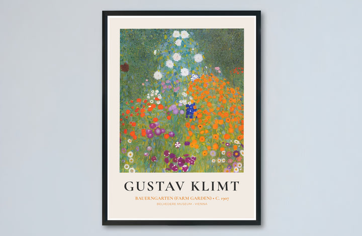 Luminous botanical art print of Gustav Klimt Bauerngarten Farm Garden 1907 produced with vibrant summer colors in Vienna, Austria. Buy high-definition framed prints, unframed paper wall decor, and gallery canvas choices directly from MapYourDreams for artistic home setups.