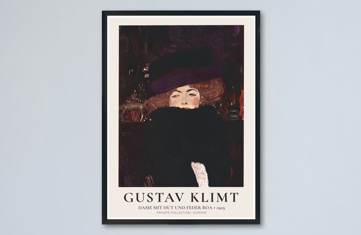 Dark academia portrait poster print of Gustav Klimt Dame Mit Hut Und Federboa 1909 produced with rich plum pigments in Europe. Buy high-definition framed prints, unframed paper wall poster decor, and gallery canvas choices directly from MapYourDreams for artistic home setups.