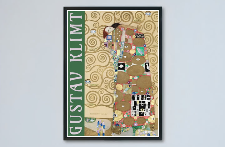 Art Nouveau couple poster print of Gustav Klimt Fulfillment Die Erfullung 1909 produced with rich golden pigments from the Stoclet Palace in Brussels Belgium. Buy high-definition framed prints, unframed paper wall poster decor, and gallery canvas choices directly from MapYourDreams.