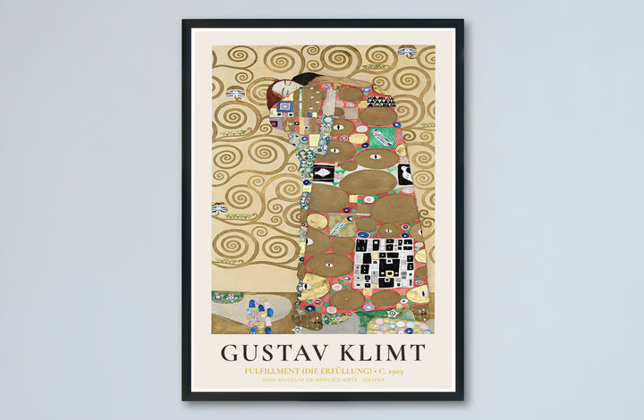 Art Nouveau couple poster print of Gustav Klimt Fulfillment Die Erfüllung 1909 produced with rich metallic gold tones from the Palais Stoclet in Brussels Belgium. Buy high-definition framed prints, unframed paper wall poster decor, and gallery canvas choices directly from MapYourDreams shop.