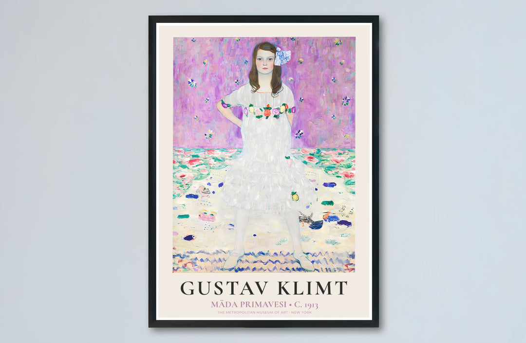 Art Nouveau floral girl poster print of Gustav Klimt Mada Primavesi 1913 produced with vibrant pastel colors from The Metropolitan Museum of Art in New York. Buy high-definition framed prints, unframed paper wall poster decor, and gallery canvas choices directly from MapYourDreams shop.