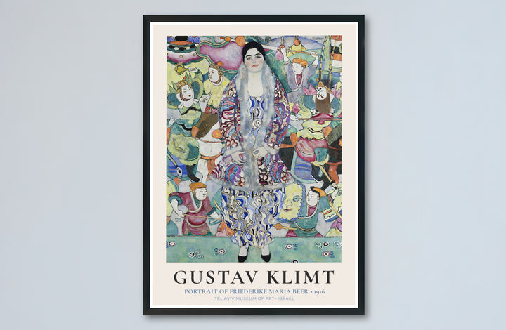 Classic European masterwork poster of Gustav Klimt Portrait Of Friederike Maria Beer 1916 showing intricate silk dress textures from Tel Aviv Museum of Art in Israel. Select premium framed wall art, unframed paper poster prints, and stretched canvas decor options at MapYourDreams today.