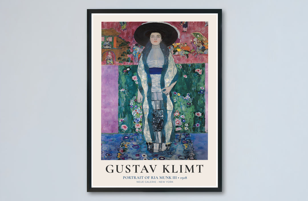 Classic European fine art poster of Gustav Klimt Portrait Of Ria Munk III 1918 showing vibrant textile and floral patterns from Neue Galerie New York. Select premium framed wall art, unframed paper poster prints, and stretched canvas decor options at MapYourDreams today.