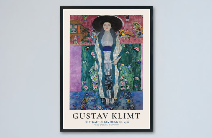 Classic European fine art poster of Gustav Klimt Portrait Of Ria Munk III 1918 showing vibrant textile and floral patterns from Neue Galerie New York. Select premium framed wall art, unframed paper poster prints, and stretched canvas decor options at MapYourDreams today.