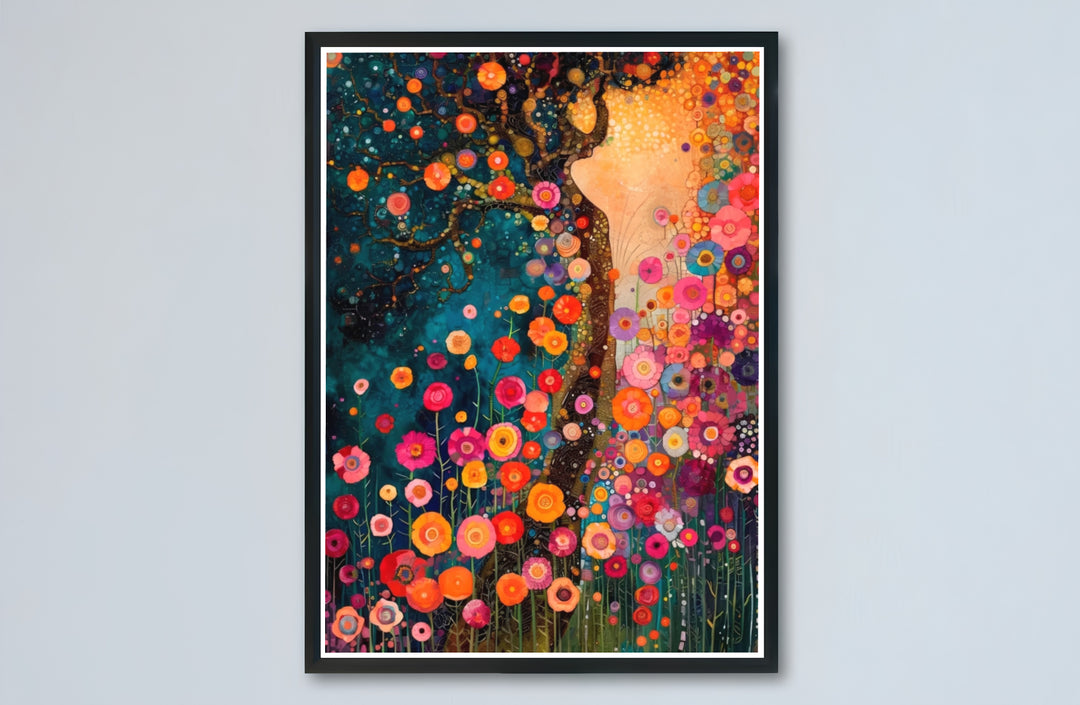 Swirling branch tree poster print of Gustav Klimt Style Dream Of Flowers produced with saturated giclée color precision. Buy high-definition framed prints, unframed paper wall poster decor, and gallery canvas choices directly from MapYourDreams store to refresh your home decor.