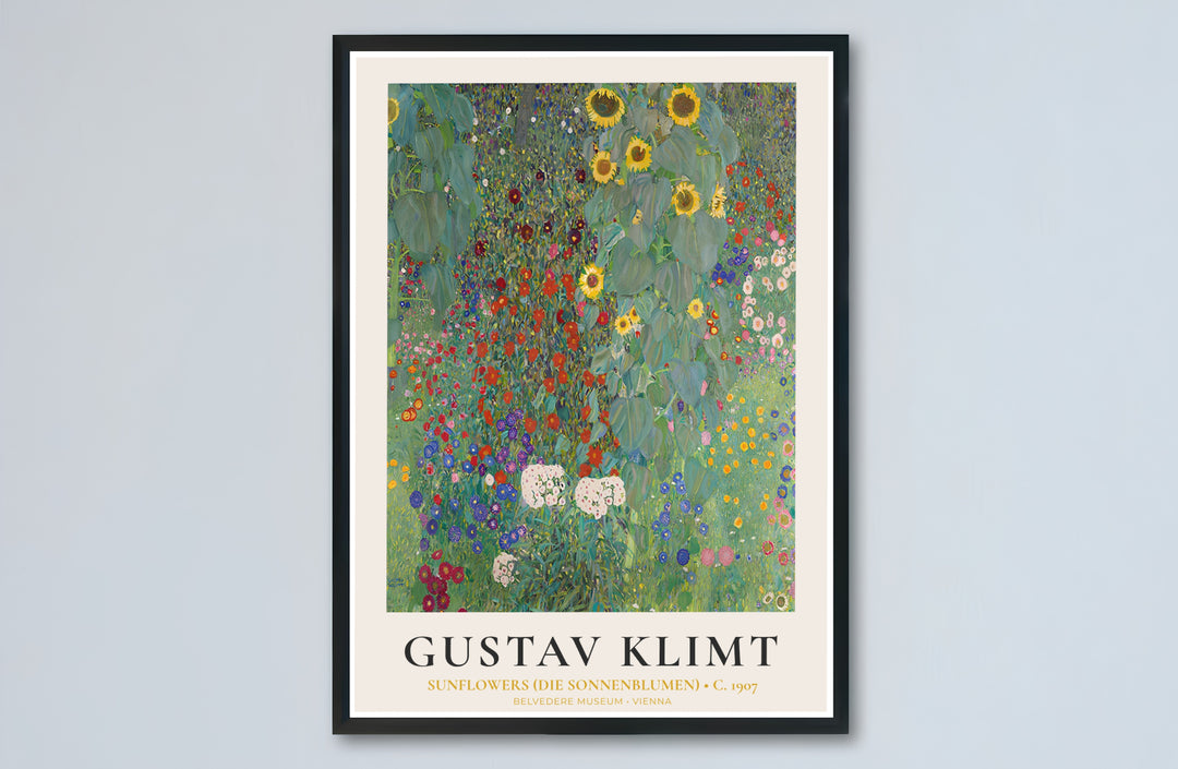Fine art botanical reproduction of Gustav Klimt Sunflowers Die Sonnenblumen 1907 from Belvedere Museum Vienna showcasing lush leaves and blossoms. Select premium framed wall art, unframed paper poster prints, and stretched canvas decor options at MapYourDreams for vibrant room displays.