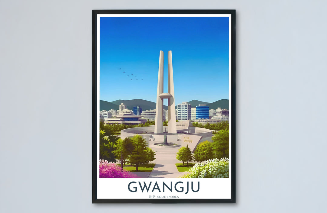 Complete cityscape artwork of Gwangju, South Korea, celebrating the solemn beauty of the May 18 Memorial Monument amidst spring blossoms and mountain ridges. Offered by MapYourDreams, this artwork is available in flexible options including unframed paper, custom wooden frames, and gallery canvas wraps.