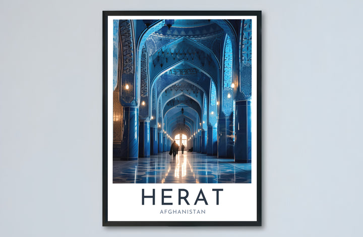 Historic blue mosque art print of Herat Afghanistan featuring gallery exhibition typography and white mat borders, provided by MapYourDreams as an unframed paper print, gallery canvas wall decor, or custom framed wall art in retro black and grey frames for modern apartments.