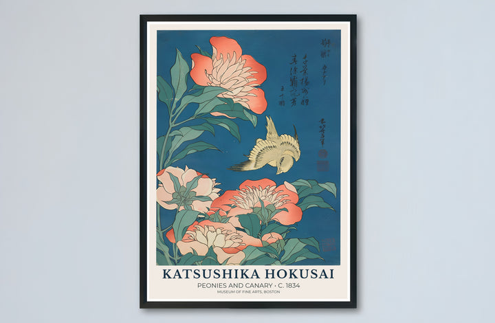 Bold Japandi floral canvas print showcasing Peonies and Canary vintage Japanese artwork by artist Katsushika Hokusai in Boston. Buy high-definition framed, unframed, and canvas poster prints directly from MapYourDreams.