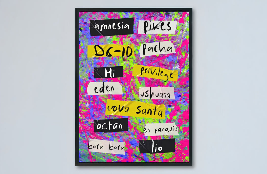 Electronic dance music enthusiast gift art poster highlighting world-renowned club destinations in Ibiza, Spain, offered by MapYourDreams with catalog choices for an unframed matte paper poster, a durable gallery wrapped canvas, or custom framed wall art for record rooms.