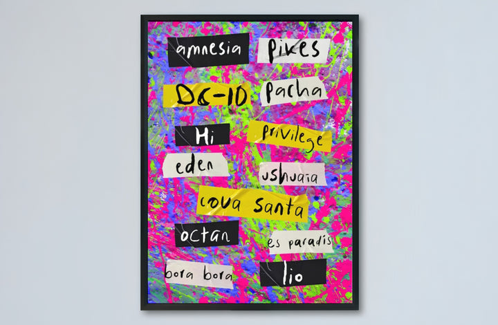 Electronic dance music enthusiast gift art poster highlighting world-renowned club destinations in Ibiza, Spain, offered by MapYourDreams with catalog choices for an unframed matte paper poster, a durable gallery wrapped canvas, or custom framed wall art for record rooms.