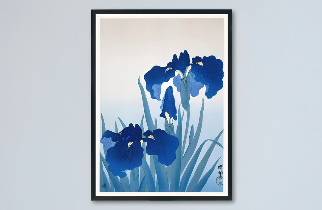 Minimalist Japandi blue iris canvas print showcasing Ohara Koson vintage Japanese artwork by artist Ohara Koson from Kyoto collections. Buy high-definition framed, unframed, and canvas poster prints directly from MapYourDreams.