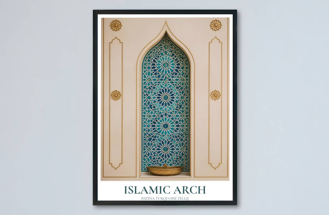 Detailed mosaic print of an Islamic arch niche showcasing turquoise and azure ceramic tilework with carved cream borders. Made by MapYourDreams, this artwork is available in flexible options including unframed paper, custom wooden frames, and gallery canvas wraps for living space wall art.