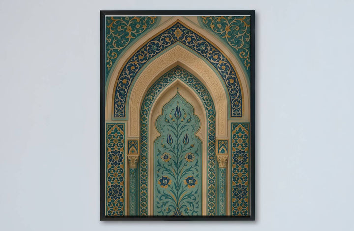 Detailed ceramic tile print of an Islamic arch niche showcasing turquoise and cobalt botanical patterns with carved cream borders. Made by MapYourDreams, this artwork is available in flexible options including unframed paper, custom wooden frames, and gallery canvas wraps for living space wall art.