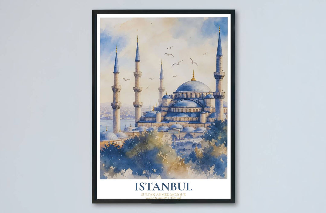 Panoramic landscape watercolor art print of Istanbul Blue Mosque showcasing cascading domes and soft treetop washes. Made by MapYourDreams, this artwork is available in flexible options including unframed paper, custom wooden frames, and gallery canvas wraps for living space wall art.