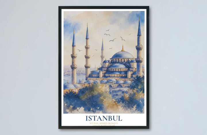 Panoramic landscape watercolor art print of Istanbul Blue Mosque showcasing cascading domes and soft treetop washes. Made by MapYourDreams, this artwork is available in flexible options including unframed paper, custom wooden frames, and gallery canvas wraps for living space wall art.