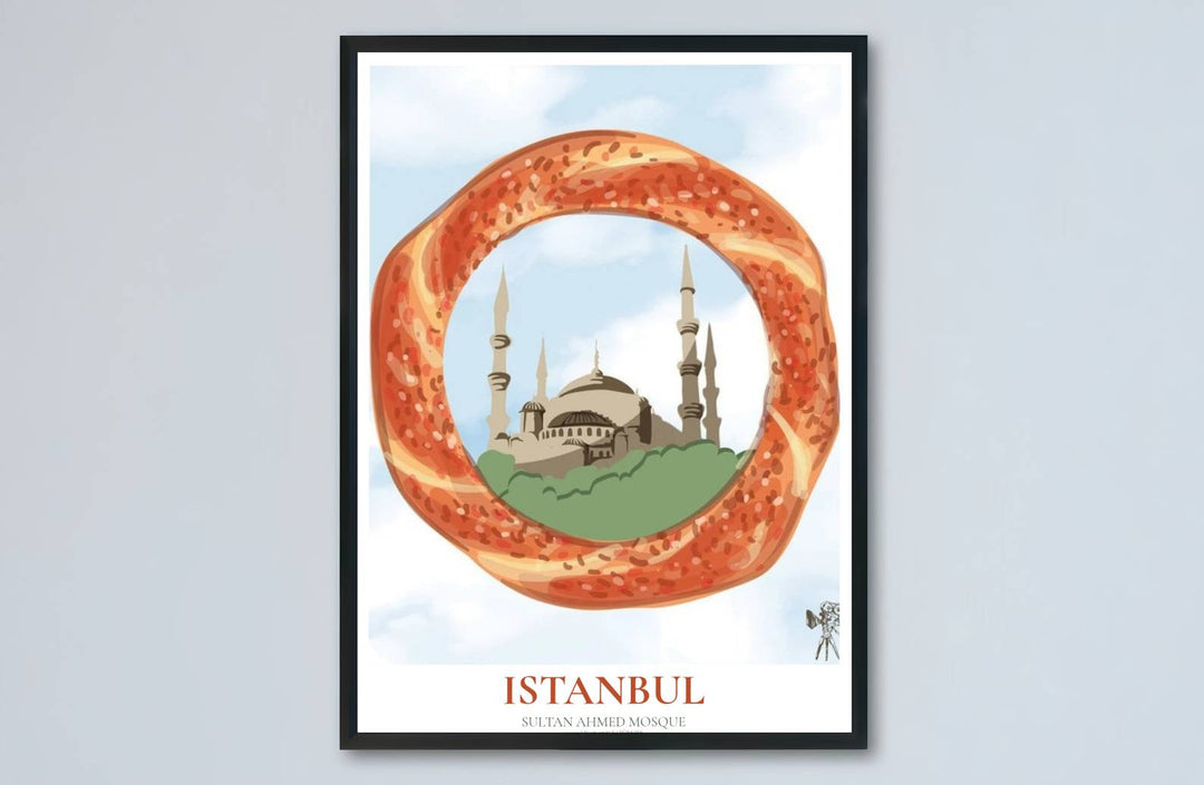 Playful Istanbul travel poster showing Blue Mosque domes and minarets framed naturally inside a Turkish simit ring. Created by MapYourDreams, this artwork is available in flexible options including unframed paper, custom wooden frames, and gallery canvas wraps for bedroom wall art.
