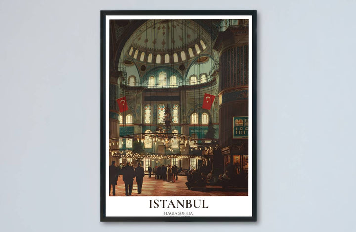 Landscape interior art print of Istanbul Hagia Sophia showcasing glowing ring chandeliers and stained glass archways. Made by MapYourDreams, this artwork is available in flexible options including unframed paper, custom wooden frames, and gallery canvas wraps for living space wall art.