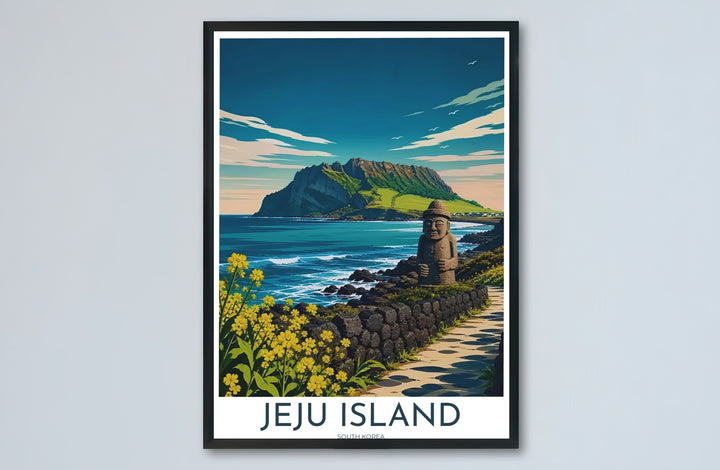 Complete coastal vector artwork of Jeju Island, South Korea, capturing the volcanic majesty of Seongsan Ilchulbong, rolling ocean waves, and sunny spring flora. Offered by MapYourDreams, this artwork is available in flexible options including unframed paper, custom wooden frames, and gallery canvas wraps.