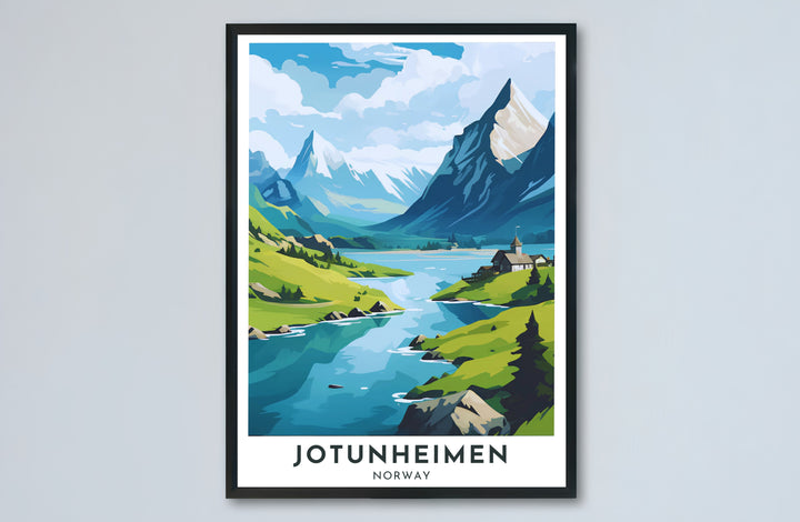 Warm vector travel poster depicting the alpine hiking paradise of Jotunheimen Norway with mountain chapels and valley lakes. Transform your hallway or bedroom wall space with options ranging from unframed paper prints to sturdy framed posters and gallery stretched canvas setups.