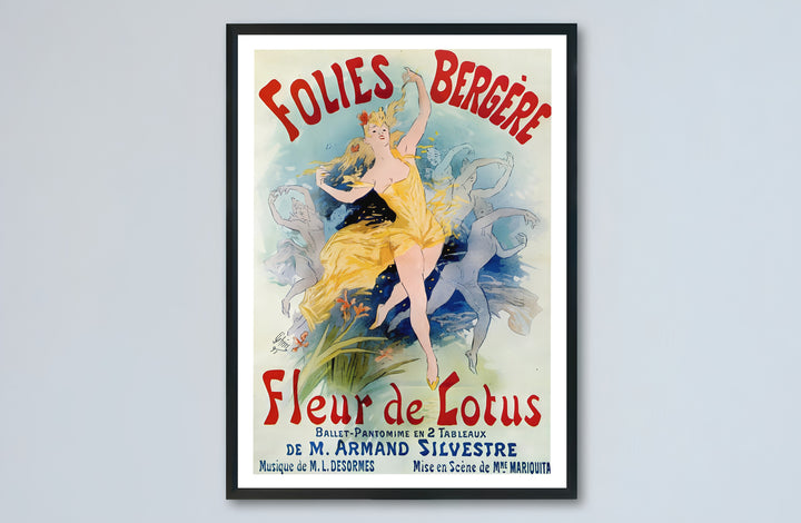 Belle Époque dancer portrait canvas print displaying Folies Bergère Fleur De Lotus artwork by artist Jules Chéret set in Paris France. Buy high-definition framed, unframed, and canvas poster prints directly from MapYourDreams.