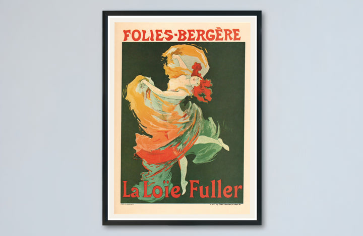 Belle Époque dancer portrait canvas print displaying Folies Bergère La Loïe Fuller artwork by artist Jules Chéret set in Paris France. Buy high-definition framed, unframed, and canvas poster prints directly from MapYourDreams.