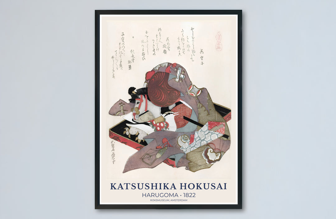 Japanese museum exhibition poster by artist Katsushika Hokusai featuring a 1822 Harugoma woodblock print from a Rijksmuseum display in Amsterdam. MapYourDreams presents quality framed, unframed, and canvas print options for home decor.