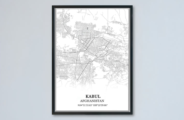 Modern street map art print of Kabul Afghanistan featuring geographic coordinate typography and clean layout design, provided by MapYourDreams as an unframed paper print, gallery canvas wall decor, or custom framed wall art in retro black and grey frames for modern apartments.