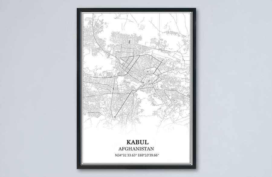 Modern street map art print of Kabul Afghanistan featuring geographic coordinate typography and clean layout design, provided by MapYourDreams as an unframed paper print, gallery canvas wall decor, or custom framed wall art in retro black and grey frames for modern apartments.