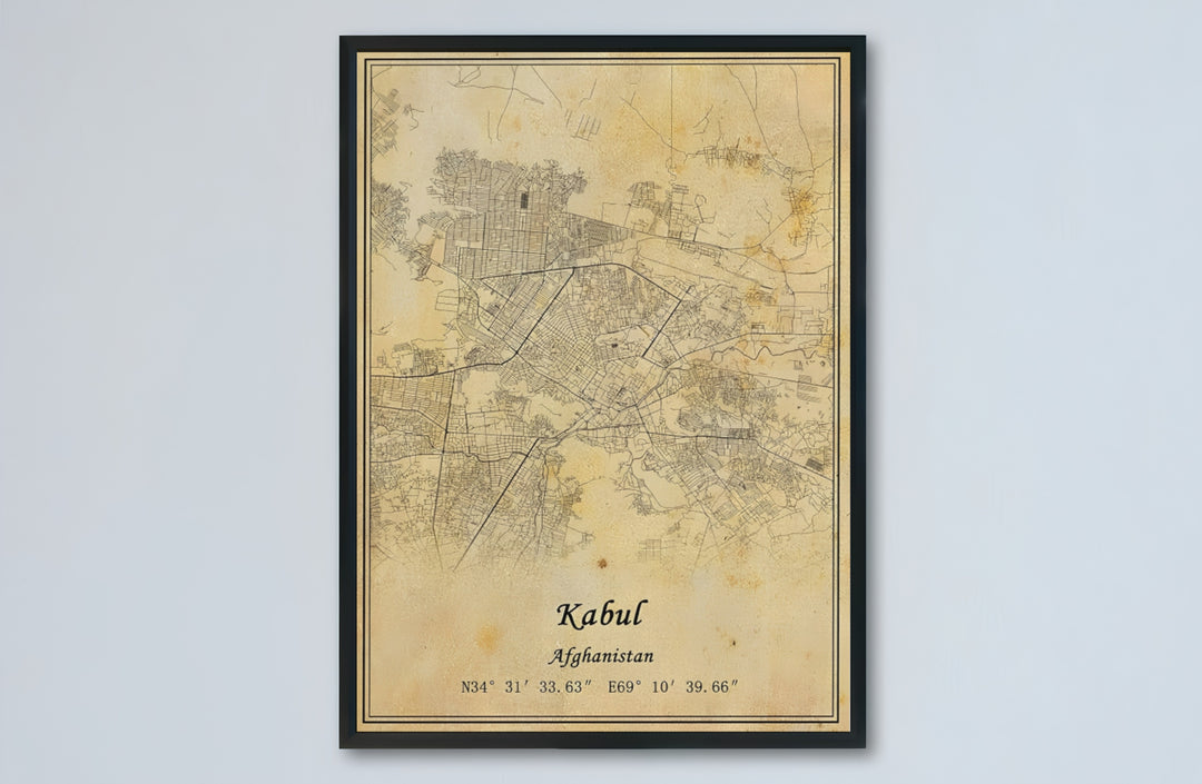 Classic street map art print of Kabul Afghanistan featuring calligraphic script typography and vintage layout design, provided by MapYourDreams as an unframed paper print, gallery canvas wall decor, or custom framed wall art in retro black and grey frames for modern apartments.